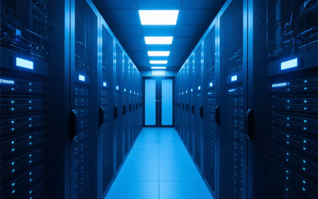 现代服务器机房，蓝色灯光，保障数据安全